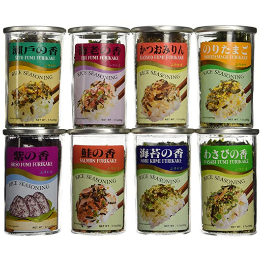 Ajishima JFC Furikake Rice Seasoning 8 Pack Variety Bundle (Salmon / Nori Komi / Noritamago / Seto Fumi / Shiso Fumi / Ebi Fumi / Wasabi / Katsuo)