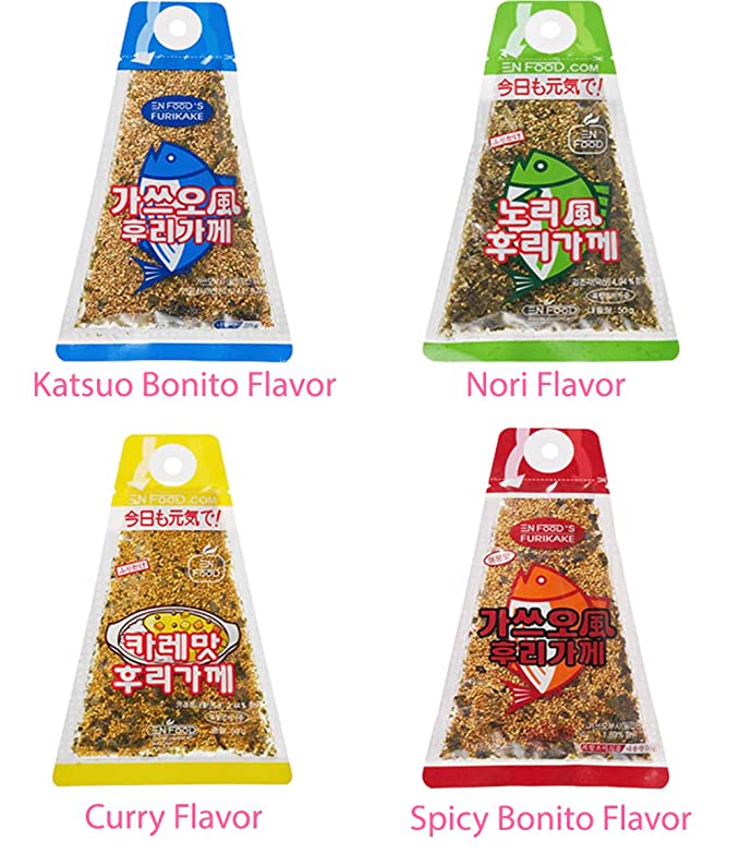 Plogmag Furikake Rice Seasoning Variety 4 Pack (Bonito, Nori Komi, Curry, and Spicy Bonito)